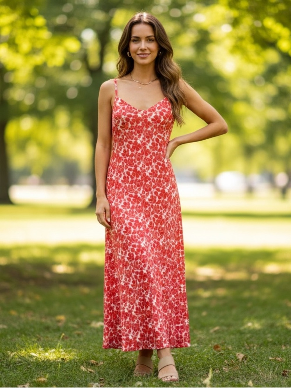 Lands' End Red Poppy Floral Slip Adjustable Spaghetti Strap Maxi Dress NWOT